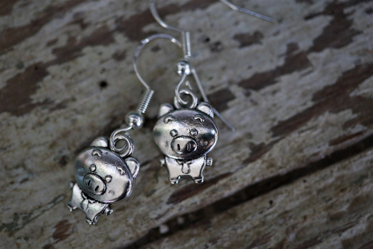 Pig in tie Silver Earrings