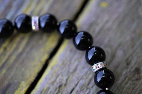 Onyx Bead Bracelet with Silver Flying Pig Charm