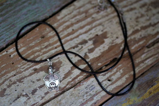 Pig in bow-tie Black Cord necklace