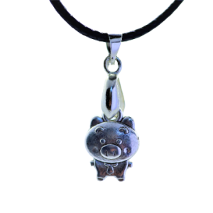 Silver Pig in tie Black Cord Necklace